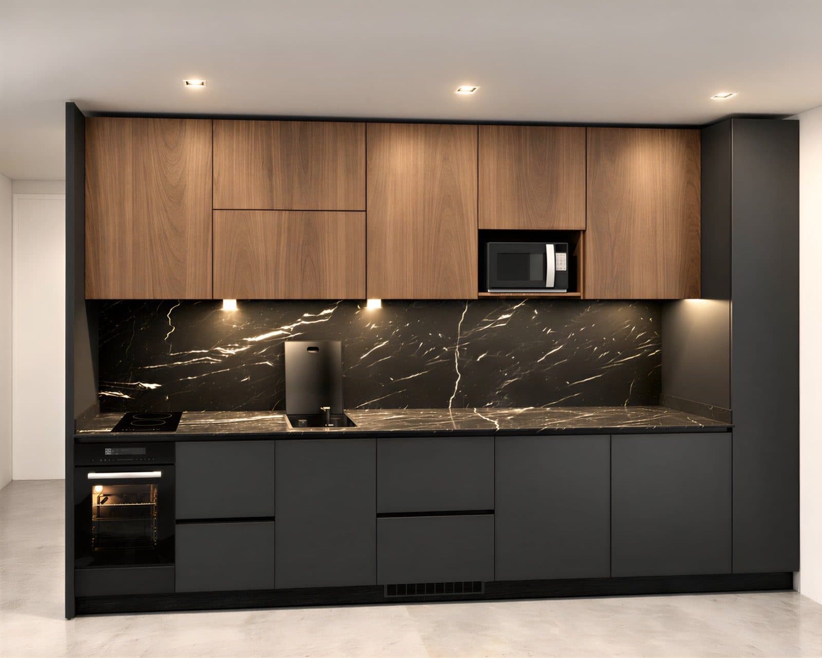 Concept render of a Sophi modular kitchen: walnut upper cabinets, matte black base units, black marble back panel, built-in oven and microwave.